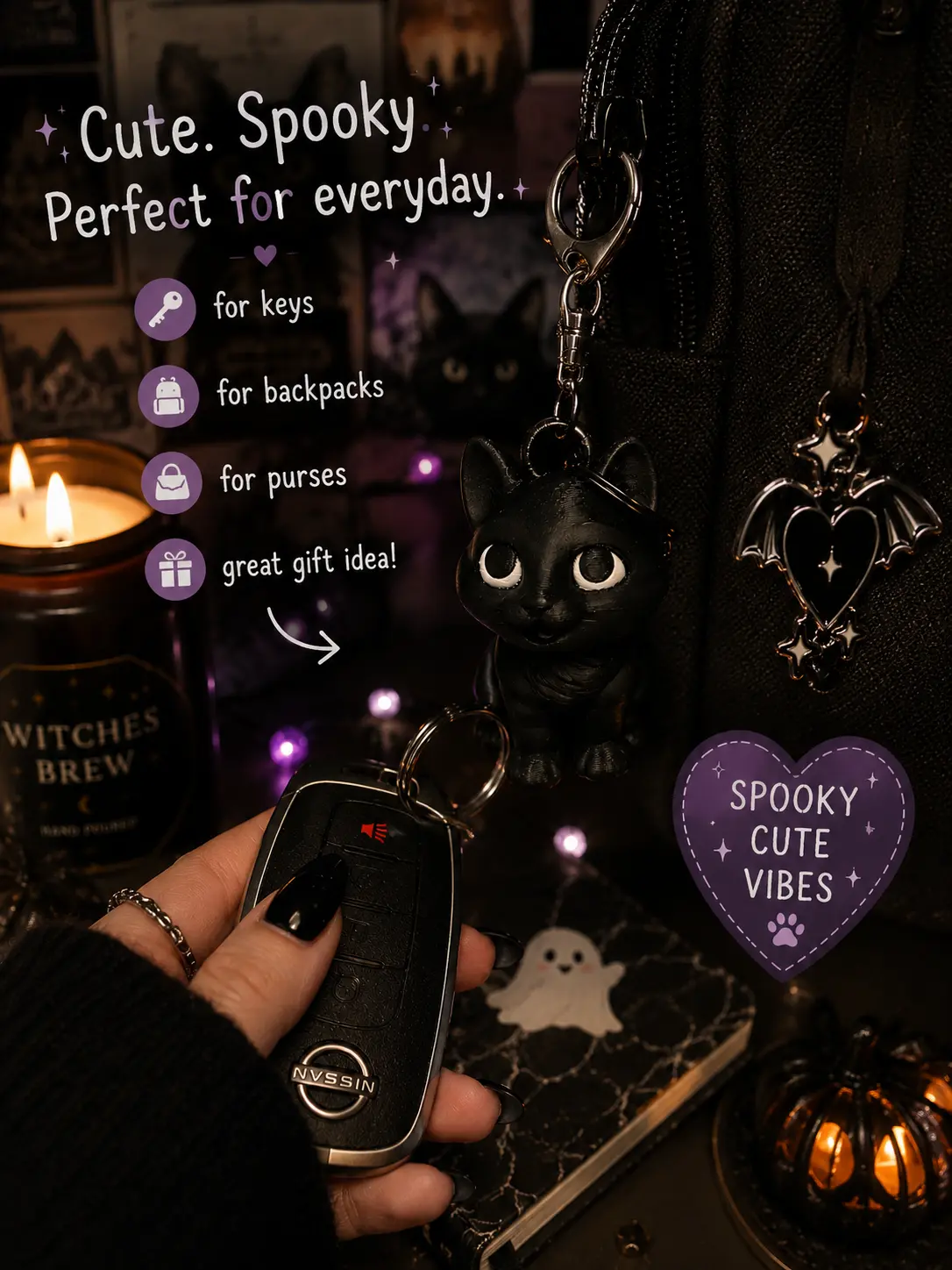 Black Cat Keychain, Cute Spooky Cat Bag Charm - Gothic Halloween Fashion Accessory, Costume Jewelry Keychain