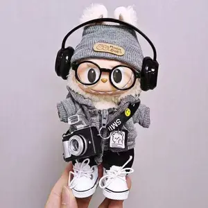 7 pcs Clothing Set For 17cm LABUBU Doll, sweatshirt + pants + shoes + camera + glasses + headphones + hat for 6.7" Labubu Doll (Only Clothes No Doll)