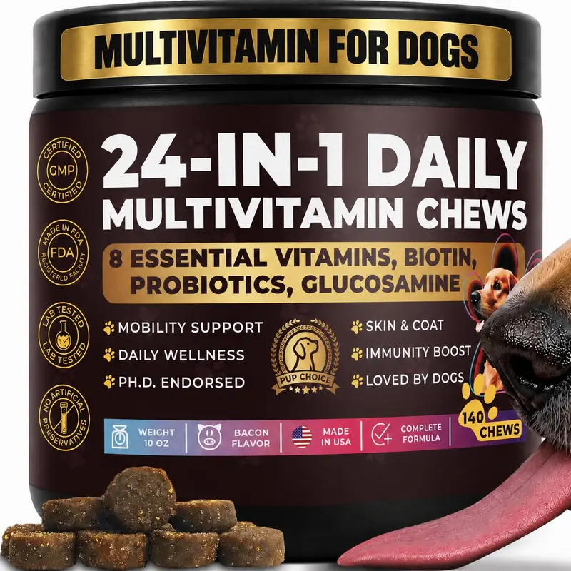 PUP CHOICE Bacon Flavor All Ages Dog Multivitamin Chews - PhD-Endorsed, 24+ Vitamins (8 Key), Biotin, B12, Folic Acid, Probiotics, Glucosamine, Chondroitin Bovine, Coat Support, Cranberry, Heart Health, Daily Wellness, 140 Days Supply, Made in USA