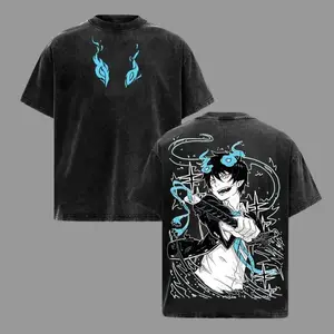 Rin Okumura Blue Exorcist Vintage Washed T-Shirt, Oversized Blue Flames Demon Anime Tee, Retro Sword Graphic Heavy Cotton Streetwear Top Casual Crewneck Man Tshirt