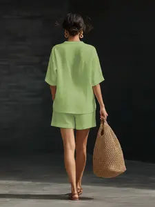 2026 Summer New Solid V-Neck Casual Shirt with Fold-Over Collar, Stylish Two-Piece Set, Perfect for Daily Wear, Comfortable and Trendy