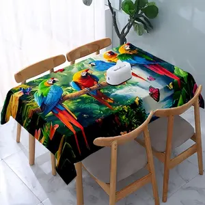EastJia Made in USA 1Pc Polyester Rectangle Tropical Rainforest Tablecloth, Colorful Parrot & Butterfly Design, Reusable Washable, Ideal for Indoor Outdoor Parties, Weddings, Home Decor
