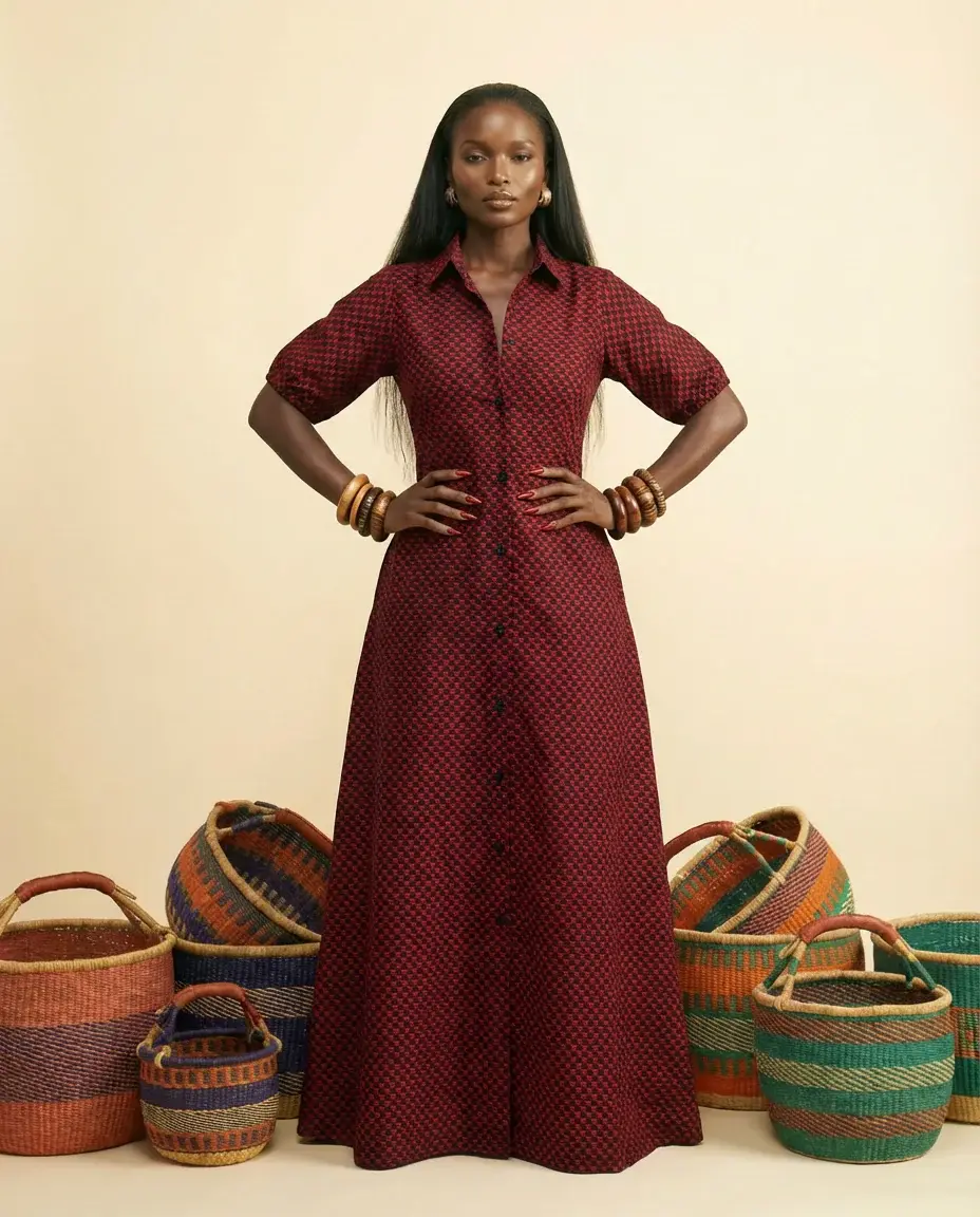 Women's Red Ankara Kaftan Dress, Hand-Crafted African Print Gown, Elegant Button-Front Style for Formal Events, Fabric, Garment, Piece, Elegance, Traditional