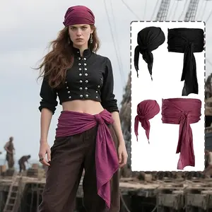 2pc Medieval Renaissance Pirate Headscarf and Belt Set, Unisex Role Play Costume Accessories, Rose and Options, Halloween Party