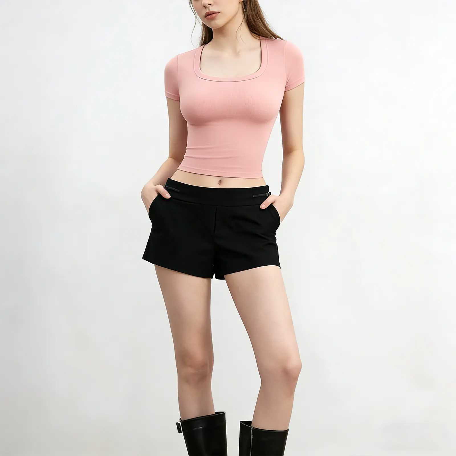 Women's Summer Square Neck Short Sleeve Slim Fit Casual Basic T-Shirt