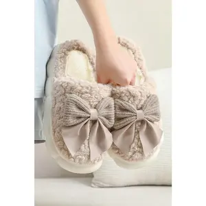 Camel Contrast Bowknot Applique Plush Winter Slippers