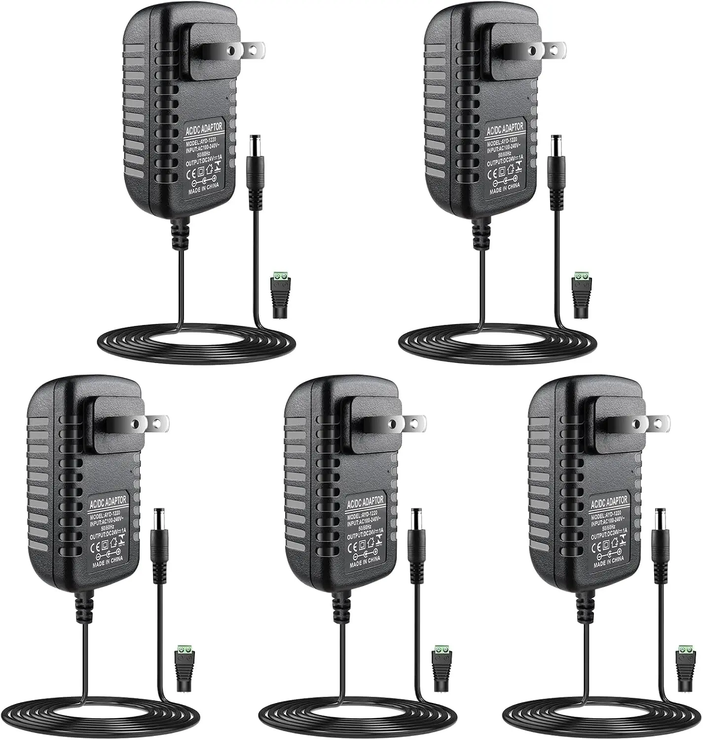 24V Power Supply, 24W Power Adapter, AC 110V-240V to 24V 1A DC Power Supply, Wall Plug Transformer for Devices with 5.5/2.1mm DC Connector (5 Pack)
