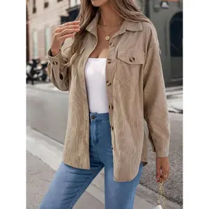Women’s solid corduroy jacket with front buttons, casual drop shoulder design Long-sleeved? Outerwear for Fall & Winter, Women's Clothing for Everyday Wear