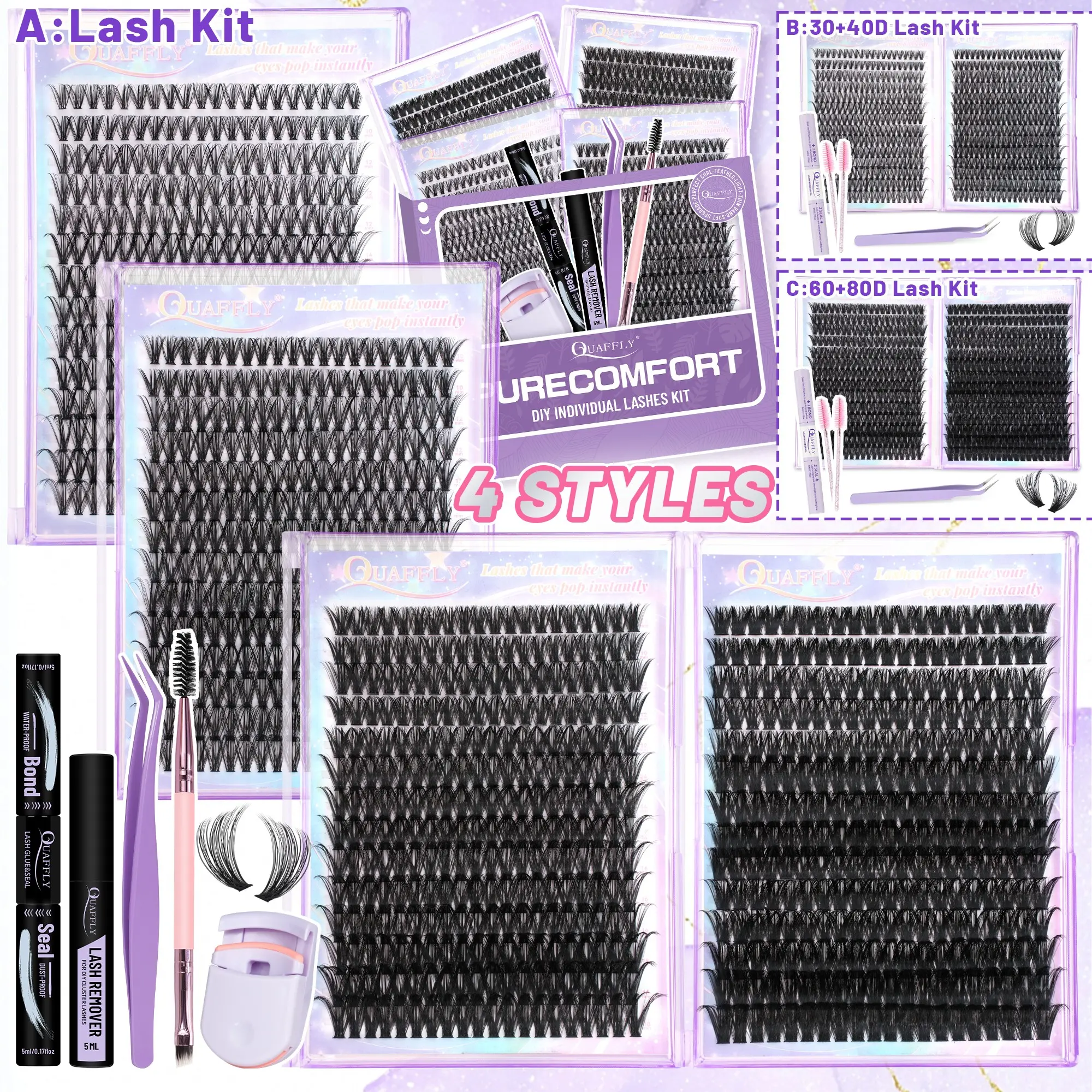 QUAFFLY A: 4-Styles Eyelash Cluster Kit 1,120Pcs D-Curl 10–18mm, Natural & Voluminous Clusters Includes Bond & Seal, Remover, Tweezers, Eyelash Curler Value Bundle, Diy Eyelash Extensions, Eyelash Glue