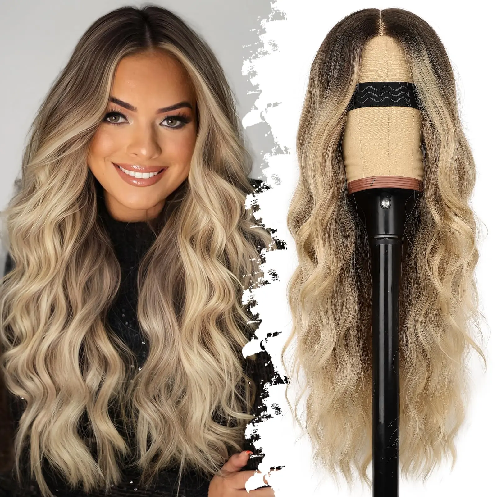 Nnzes Long Brown Wavy Wig Middle Part Curly Wigs Lace Hairline Wigs for Women Black To Brown Synthetic Heat Resistant Wigs for Daily Part Use