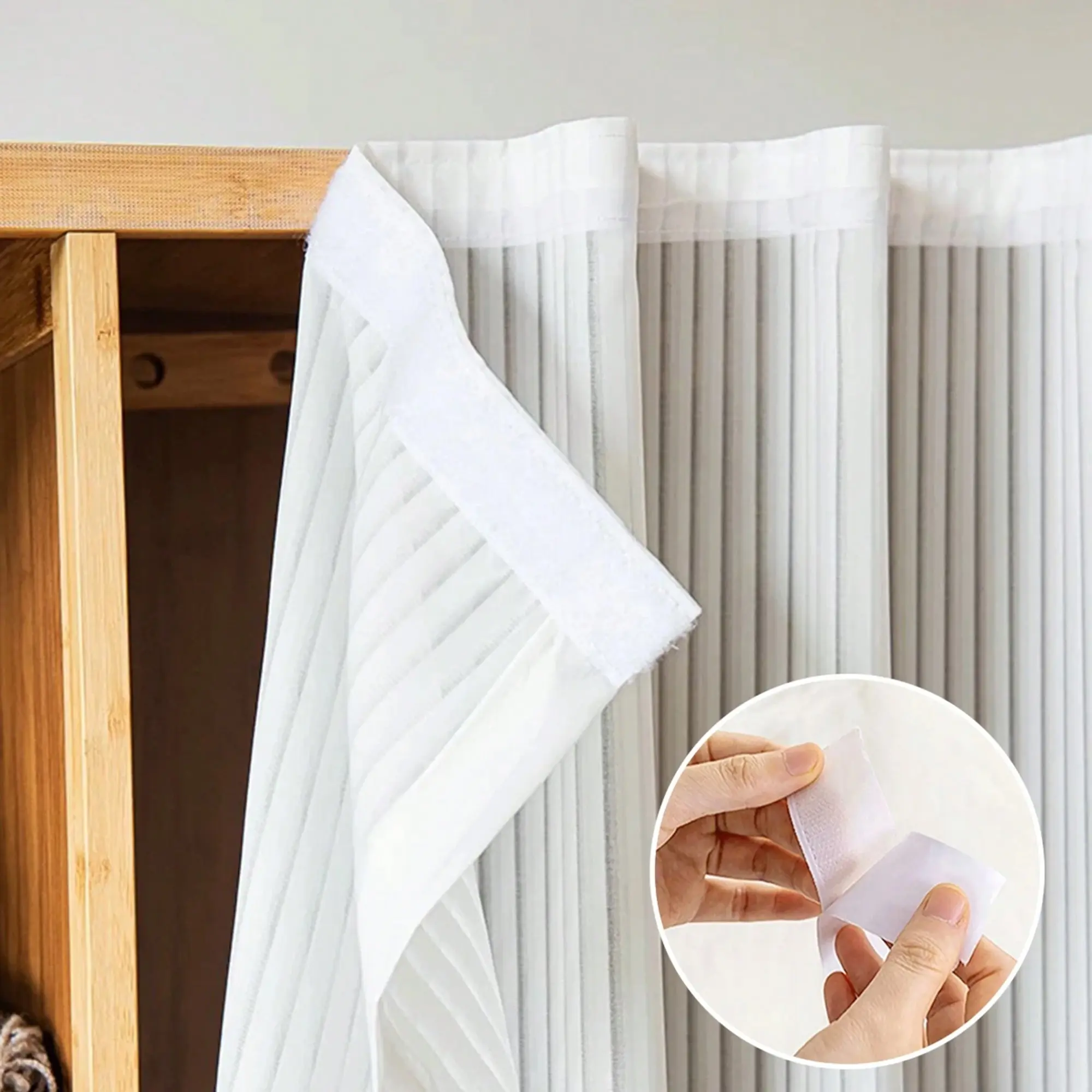 1pc French Romantic Self-Adhesive No-Punching Curtains, Simple Striped Velcro Drapes, UV Protection, Suitable for Bedroom and Living Room