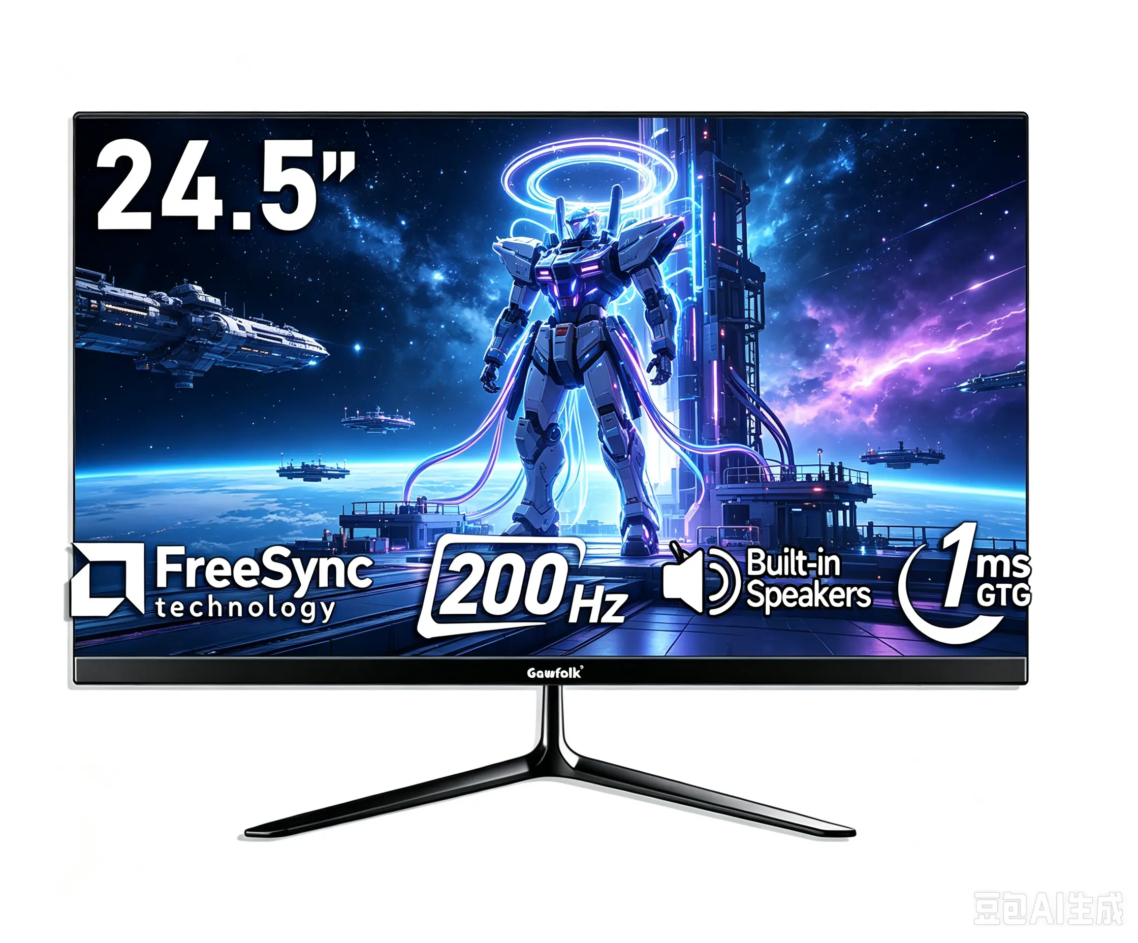 Gawfolk 24.5" 1080P FHD Gaming Monitor, 200Hz Refresh Rate, Frameless Design, 1ms GTG, Adaptive Sync, 98% sRGB, Built-in Speakers, HDMI DP, 75x75 VESA Desktop Monitor