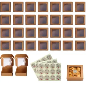 30-Pack Foldable Paper Gift Boxes with Clear Window, 9.5 X 9.5 X 3.5 Cm, Perfect for Sweets, Weddings, Birthdays & Parties, Includes 36 Thank You Stickers, Gift Wrapping Supplies, Elegant Gift Box