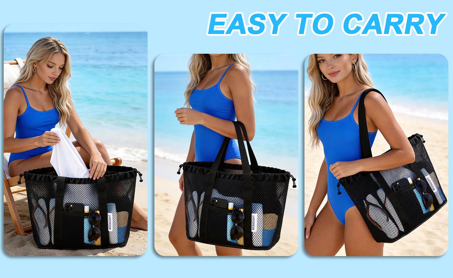 B2LOVER Large Capacity Beach Tote Bag with Waterproof Storage Pouch Bath Bag Portable Foldable Drawstring Bath Travel Toiletry Bag Gym Swim Beach Storage Organizer Multi-Purpose Ventilated Travel Organizer Toiletry Bag Makeup Bag Mesh Tote for the Beach