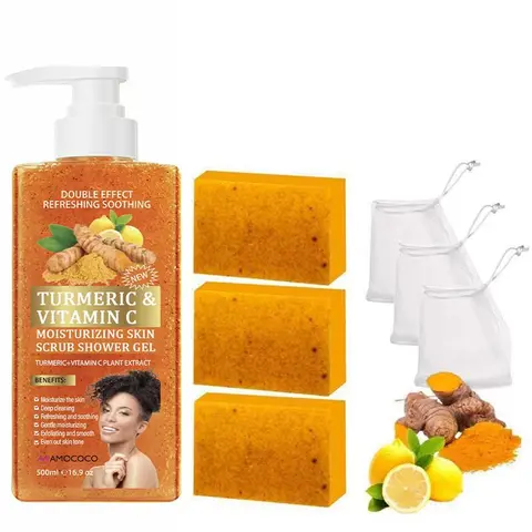 Turmeric Vitamin C Scrub Shower Gel  & Lemon Turmeric Soap Set for Soft Radiant Skin with Natural Ingredients for Moisturizing and Hydrating