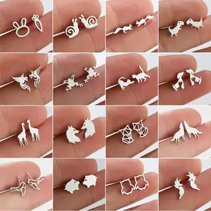 LUX-JEWEL - Multiple Stainless Steel Animal Stud Earrings Women Minimalist Rabbit Dog Cat Dinosaur Earings Piercing Jewelry Snail Oorbellen