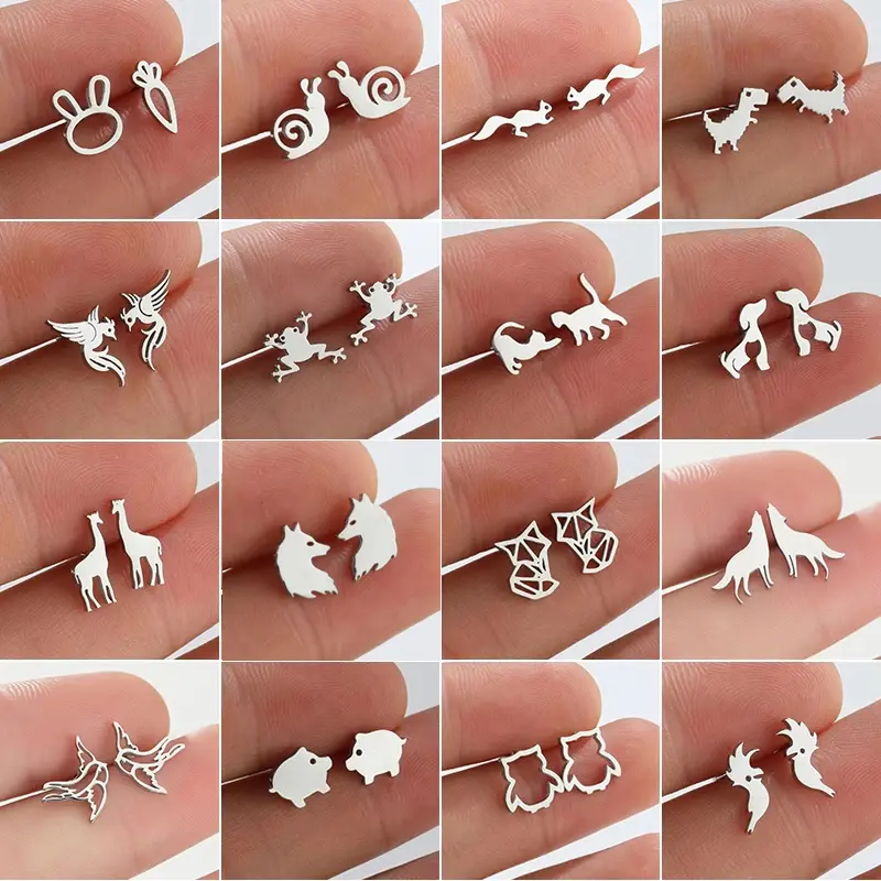 LUX-JEWEL - Multiple Stainless Steel Animal Stud Earrings Women Minimalist Rabbit Dog Cat Dinosaur Earings Piercing Jewelry Snail Oorbellen