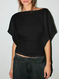 Women's Summer New Batwing Sleeve Waist Cinching Top, Fashion Y2K Boat Neck Knitwear Sweater, Versatile Daily Wear Casual Basic Tee