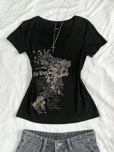 TikTok Viral Las Vegas Graphic V-Neck T-Shirt - Soft Stretchy Cotton Slim-Fit Y2K Aesthetic Streetwear Floral Wing Print Casual Tee Trendy Vintage Edgy Statement Top Must-Have Fashion For Women Cool Bold Retro Apparel Casual Chic