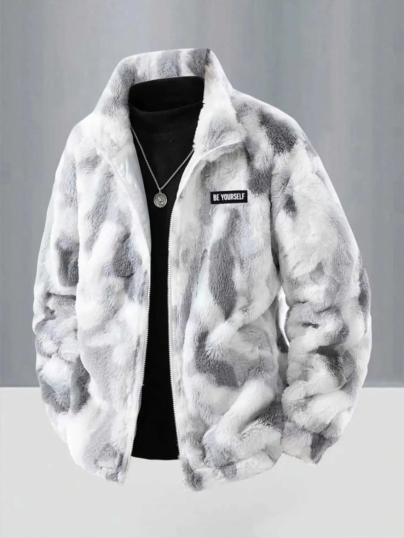 Men's Tie-Dye Faux Fur Jacket Short, Be Yourself Patch Detail, Full Zip Stand Collar, Warm Comfortable Soft Coat, Winter Casual