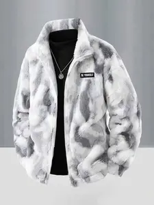 Men's Tie-Dye Faux Fur Jacket, Be Yourself Patch Detail, Full Zip Stand Collar, Warm Comfortable Fitted Short Coat, Winter Casual