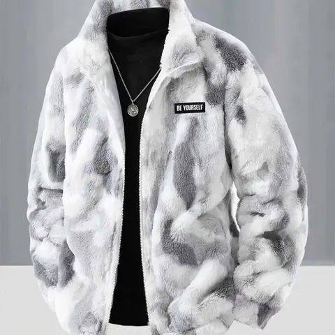 Men's Tie-Dye Faux Fur Jacket, Be Yourself Patch Detail, Full Zip Stand Collar, Warm Comfortable Coat, Winter Casual, Warm Outerwear