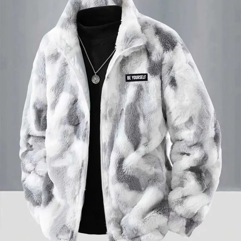 Men's Tie-Dye Faux Fur Jacket, Be Yourself Patch Detail, Full Zip Stand Collar, Warm Comfortable Coat, Winter Casual, Warm Outerwear