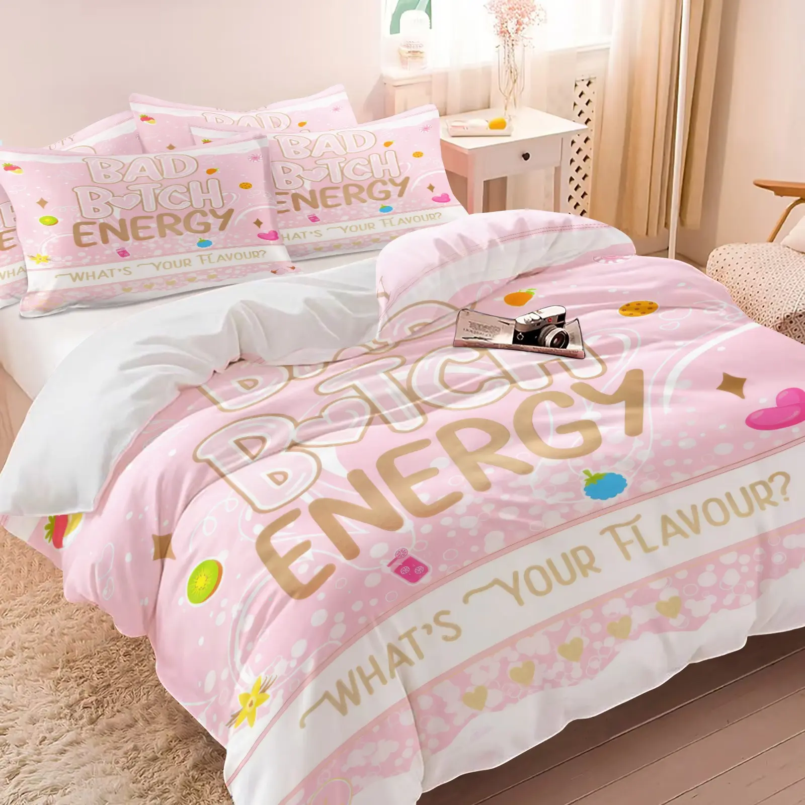 Pink Bad Bitch Energy Duvet Cover Sets, Cute Coquette Fruit Print Bedding Sets, Includes 1 Duvet Cover & 1-2 Pillowcases, Soft Breathable Girly Bedding for Bedroom & Dorm, Trendy Y2K Aesthetic Bed Set for Teen Girls