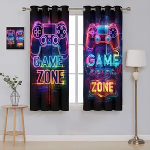 Modern Game Neon Window Curtains for Boys Girls Girls Boys Bedroom Video Games Game Zone Gamepad Thermal Insulated Darkening Grommet Window Drapes for Bedroom Living Room, W28xL40&W52xL63 Inch Decor