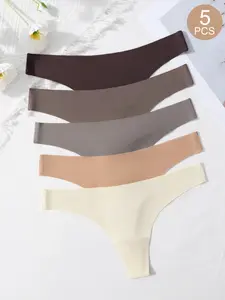 5PCS Women's Invisible Comfortable Smooth High Elastic Basic Seamless Underwear for Daily Wear, Low Waist Thong Panties