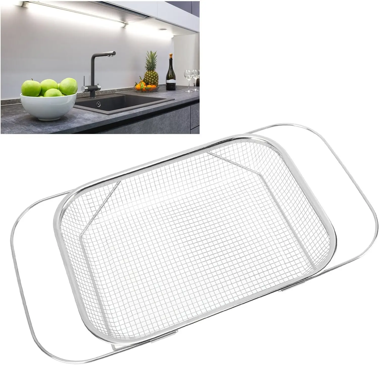 (Silver) Expandable Mesh Strainer—Sink Strainer Basket, Stainless Steel Rectangular Kitchen Strainer with Handle, Ideal for Straining, Draining, and Rinsing Fruits, Vegetables, and Pasta—A Must-Have for Your New Home