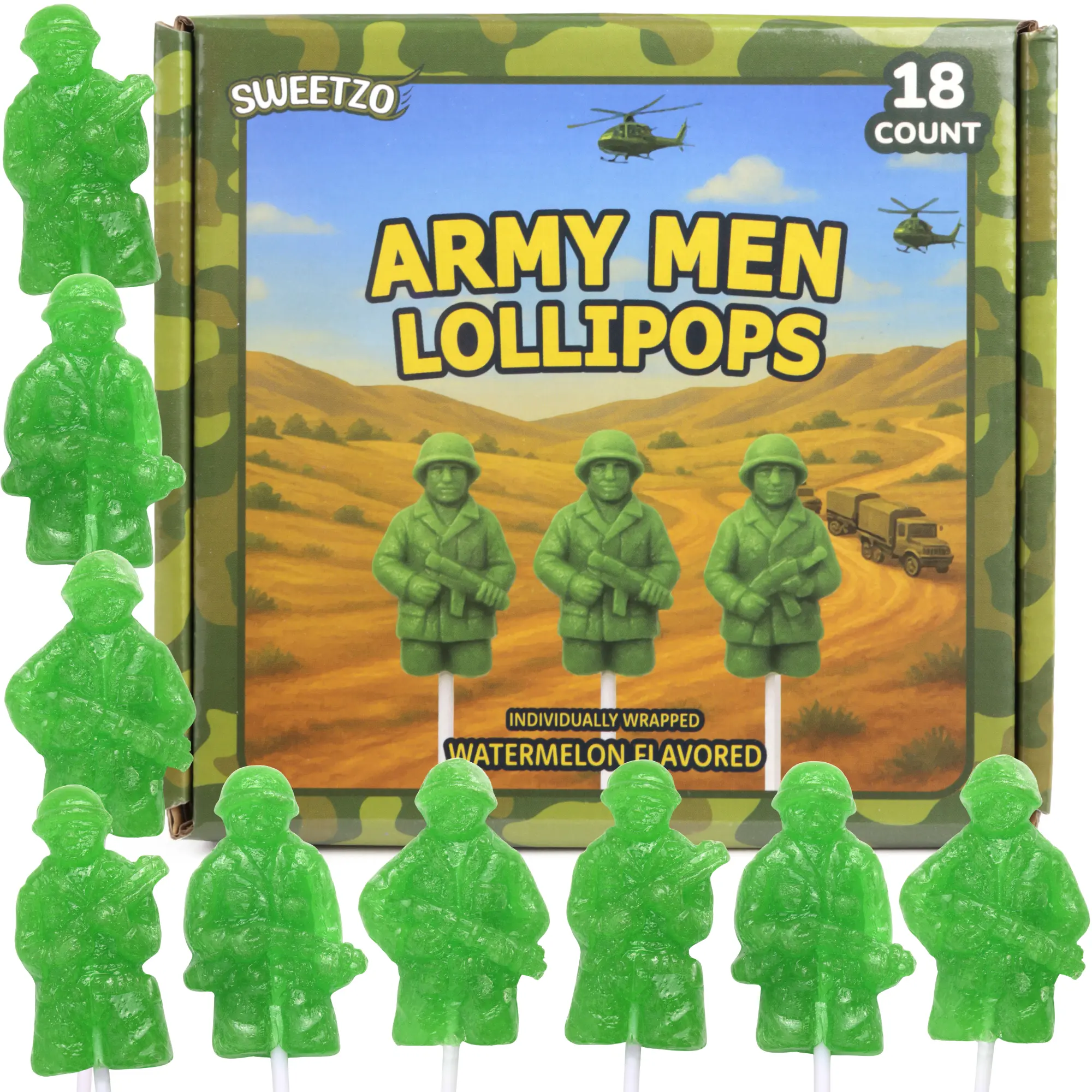 Green Army Men Solider Lollipops, Patriotic Candy Suckers, Individually Wrapped, 18 Count