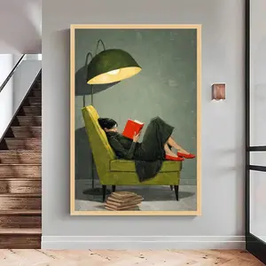 Cozy Reading Moment, Woman on Green Chair Art, Red Shoes Wall Decor, Floor Lamp - Wall Art, Statement Piece