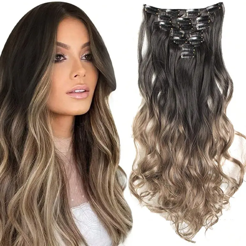Clip-in Hair Extensions for Women, 7-Piece Long Wavy Ombre Balayage Synthetic Hair, Heat-Resistant for Instant Volume & Length, Artificial Hair Extension