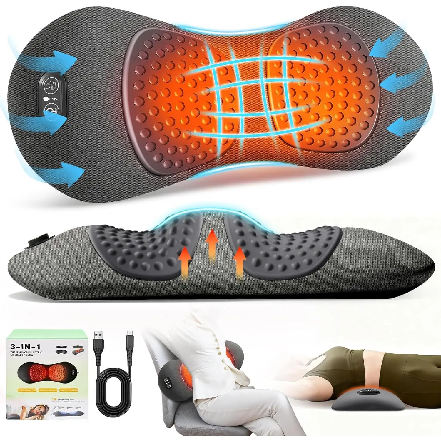 Women's 3-in-1 Electric Lumbar Support Pillow - Thermal Heat Vibration & Triple Fusion Traction Back Massager for Bed, Chair, Lower Back Pain Relief, Spine Support, Gray, Temperature Control