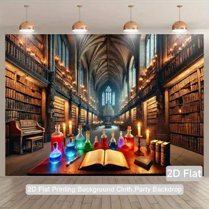 2D Flat, 1pc Magical Library 2D Flat Banner - Gothic Library Backdrop with Bookshelves, Candles & Mystical Decor - Durable Polyester Party Decoration for Birthday, Anniversary, Photo Studio - Indoor/outdoor Use, Library Decor, Indoor Outdoor Decor