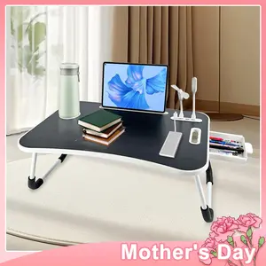 Oversized Portable Laptop Bed Table Foldable Durable Wooden Computer Tray with Cup Holder Drawer USB Fan Light Ideal for Reading Writing on Bed Sofa Floor Sleek Black Design Tiltable Tabletop Sturdy Modern Portable Table