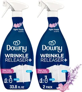Downy Wrinkle Releaser Spray, All In One Wrinkle Release Spray, Odor Eliminator, Static Remover, Fabric Refresher & Ironing Aid for Clothes, 33.8 Fl Oz (Pack of 2), Light Fresh Scent
