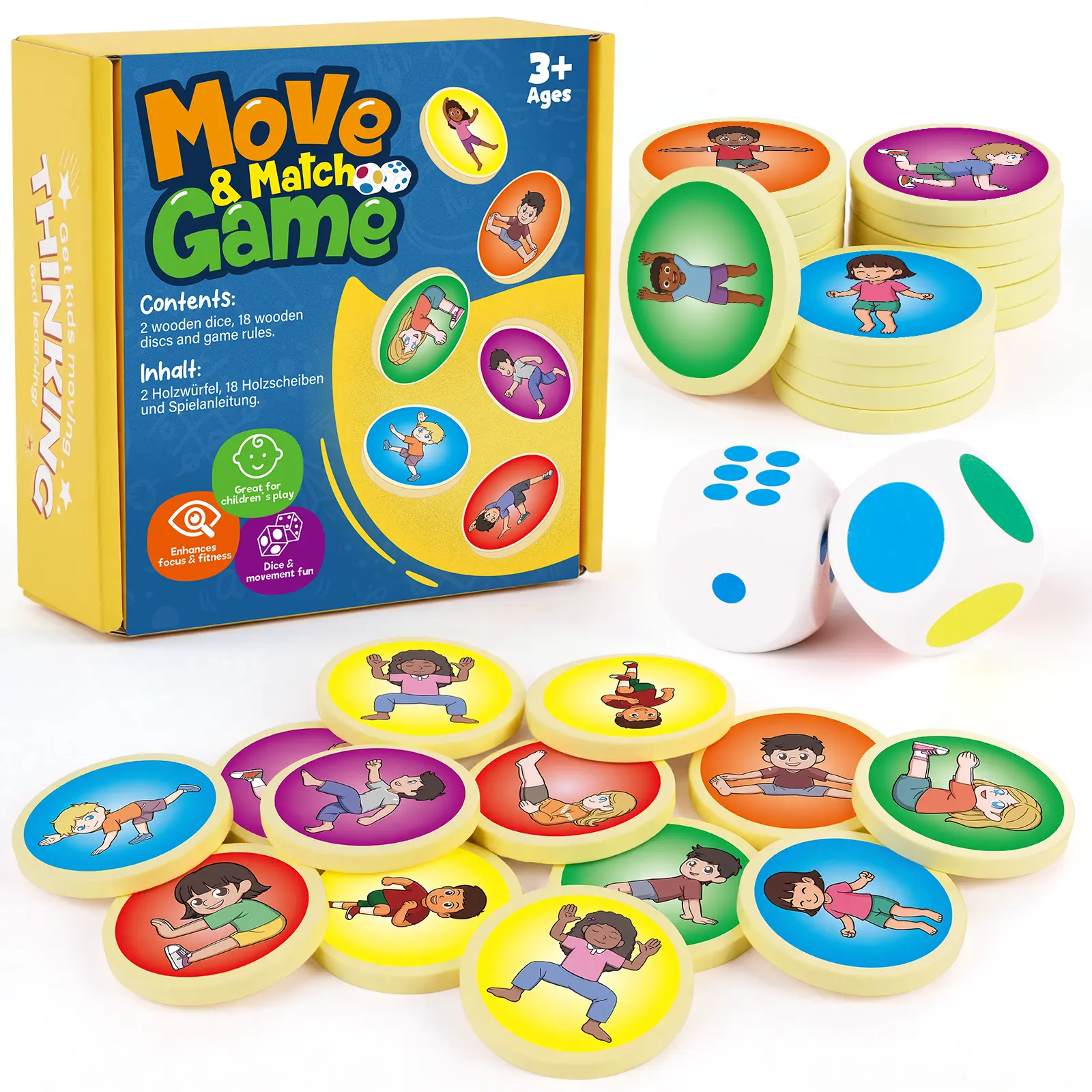 Torlam Happy Movement Game Board Set, Fun Floor Game for Children and Toddlers 3+ Years with XXL Dice, 18 Wooden Discs & 2 Large Dice for Indoor/Outdoor Play, Encourages Movement And Fun