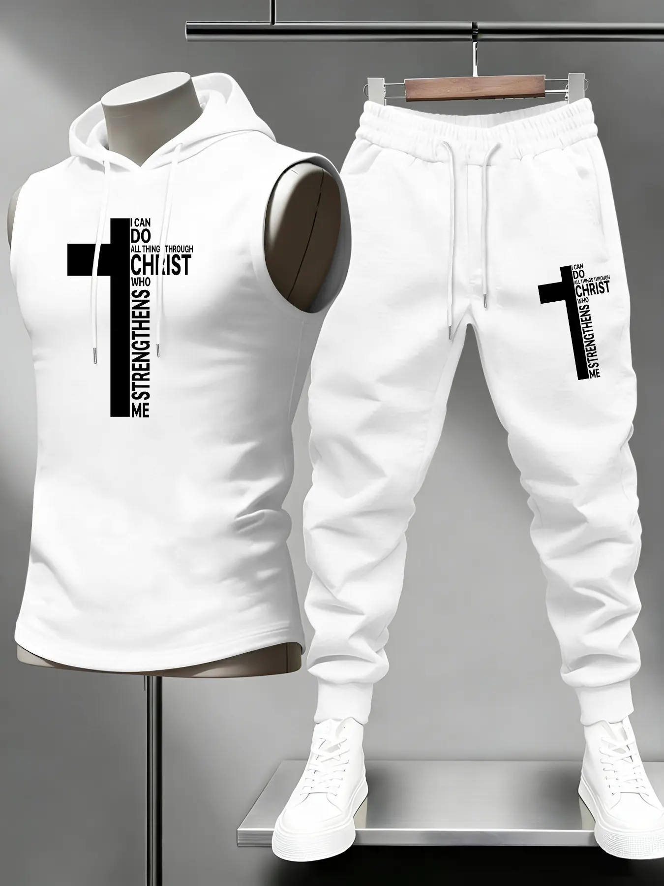 Men's Trendy Cross Faith Print Sleeveless Hoodie and Loose-Fit Jogger Pants 2-Piece Set, Casual Sportswear