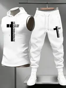 Men's Trendy Cross Faith Print Sleeveless Hoodie Set, Loose Fit Jogger Pants Two-Piece, Casual Sportswear, Drawstring Hooded Style, Sweatsuit Set