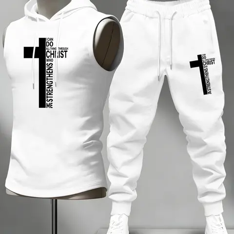 Men's Trendy Cross Faith Print Sleeveless Hoodie and Loose-Fit Jogger Pants 2-Piece Set, Athleisure Wear Set, Casual Sweatsuit Outfits, Casual Sportswear, Sporty Fashion Set