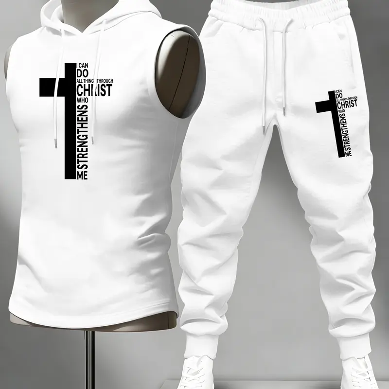 Men's Trendy Cross Faith Print Sleeveless Hoodie and Loose-Fit Jogger Pants 2-Piece Set, Athleisure Wear Set, Casual Sweatsuit Outfits, Casual Sportswear, Sporty Fashion Set