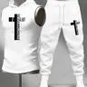 Men's Trendy Cross Faith Print Sleeveless Hoodie and Loose-Fit Jogger Pants 2-Piece Set, Athleisure Wear Set, Casual Sweatsuit Outfits, Casual Sportswear, Sporty Fashion Set