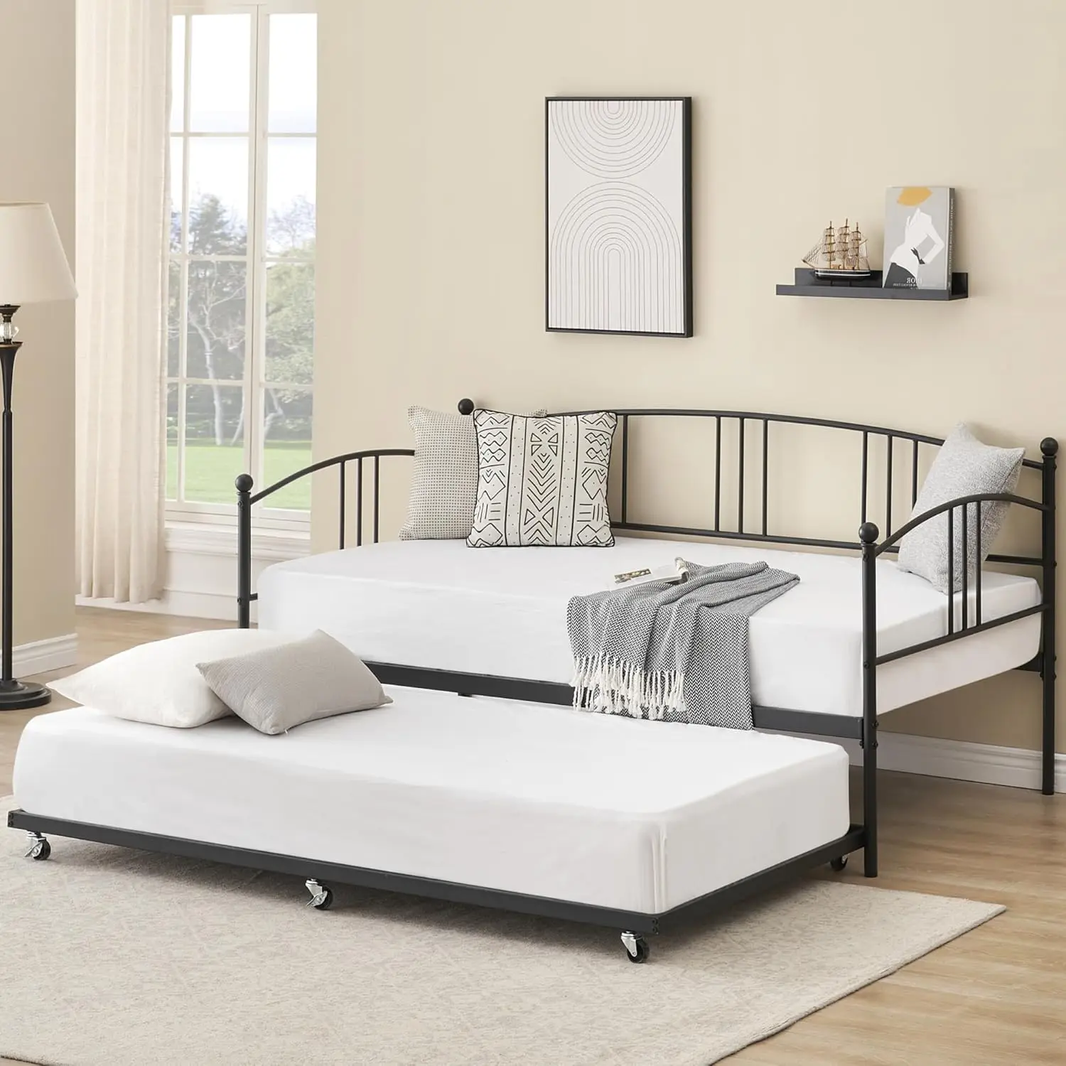 Black Twin Modern Convertible Sleeper Daybed with Rolling Pull-Out Trundle - 6 Caster Wheels, Sturdy Steel Slats, Direct Mattress Support, No Box Spring Needed, Clean Lines, Small Space Living Guest Sofa Bed for Living Room (Assembly Required), Pull Out B