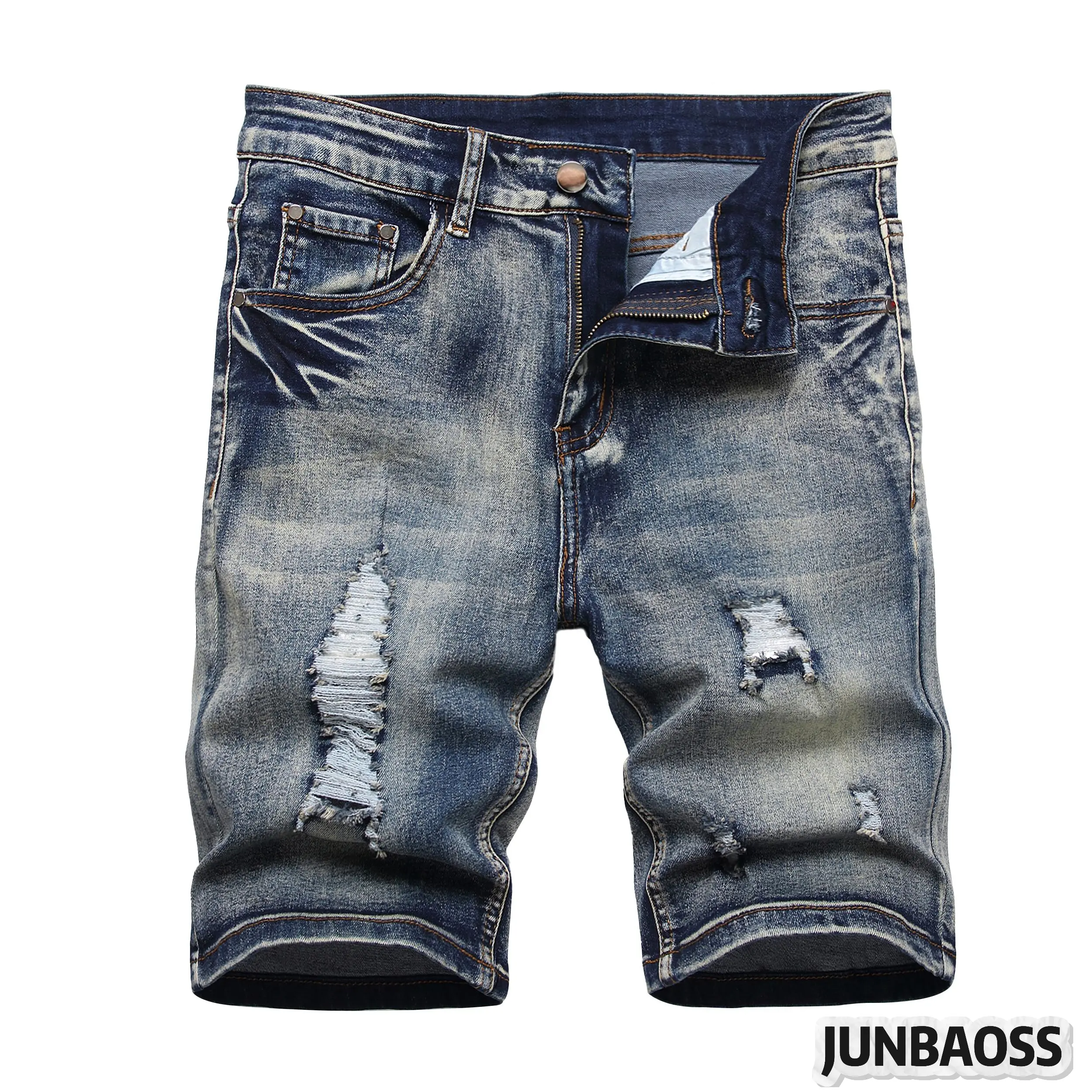 JUNBAOSS Men's Slim Fit Stretch Denim Shorts Ripped Skinny Jean Shorts for Men Fashion Straight Comfort Flex Waist Short Jean Menswear Trouser Street Style Classic with 5 Deep Pockets and Red Distressed Design Personalized Hipster Cotton Streetwear tiktok