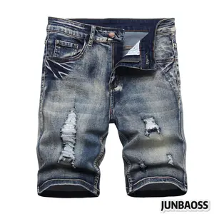 JUNBAOSS Men's Slim Fit Stretch Denim Shorts Ripped Skinny Jean Shorts for Men Fashion Straight Comfort Flex Waist Short Jean Menswear Trouser Street Style Classic with 5 Deep Pockets and Red Distressed Design Personalized Hipster Cotton Streetwear