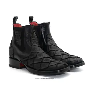 Matte Black Pirarucu Print Wide Square Toe Leather Boot