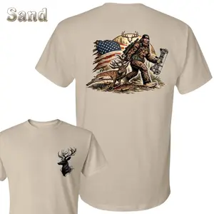 Bigfoot Hunting T-Shirt - Small Front Chest Elk Head Logo , Patriotic Sasquatch Hunter Back Graphic With Deer And USA Flag , Hunting Outdoor Lifestyle , Fall Season Camp Wear , Hunting Tee , Gift For Hunting Fans