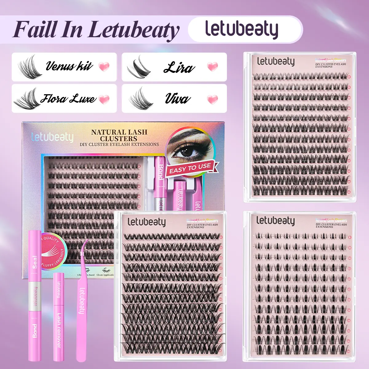 letubeaty Natural Lash Cluster Kit for Beginners, Waterproof & Long-Lasting DIY Eyelash Extensions with Glue, 8-18mm Wispy Cat Eye False Lashes, Natural Lash Clusters